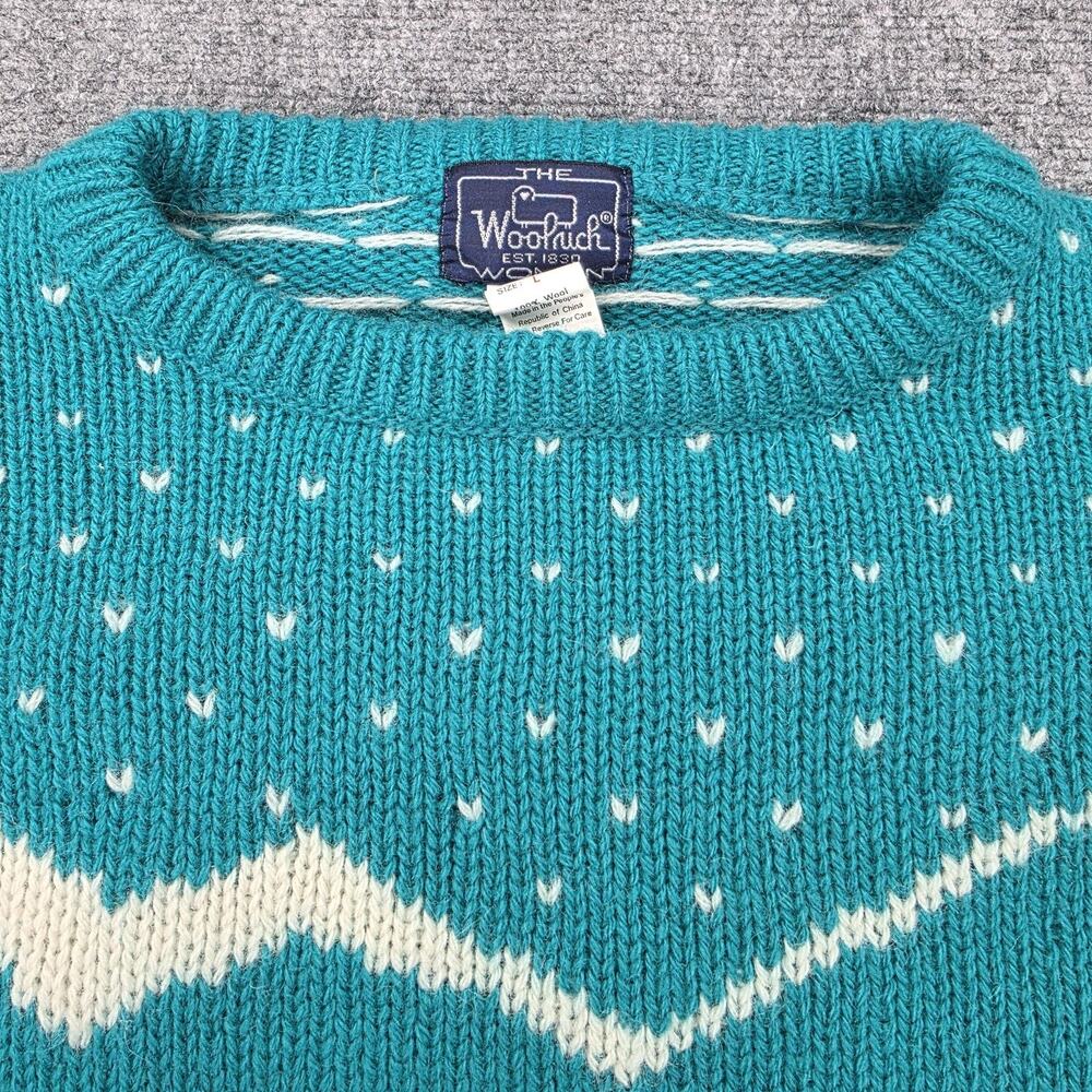Vintage Woolrich Sweater Womens Large Teal Ski Bear Scene Pure Wool Winter Fun - Picture 13 of 16